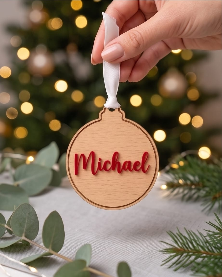Personalisierte Weihnachtskugel aus Holz | 3D-Acryl Namensschild in Wunschfarbe