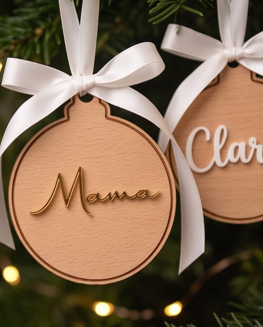Personalisierte Weihnachtskugel aus Holz | 3D-Acryl Namensschild in Wunschfarbe