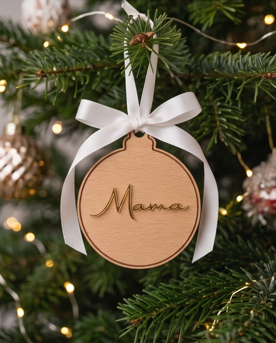 Personalisierte Weihnachtskugel aus Holz | 3D-Acryl Namensschild in Wunschfarbe