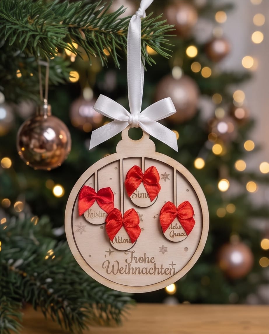 3D-Familien-Weihnachtskugel aus Holz | Personalisiert