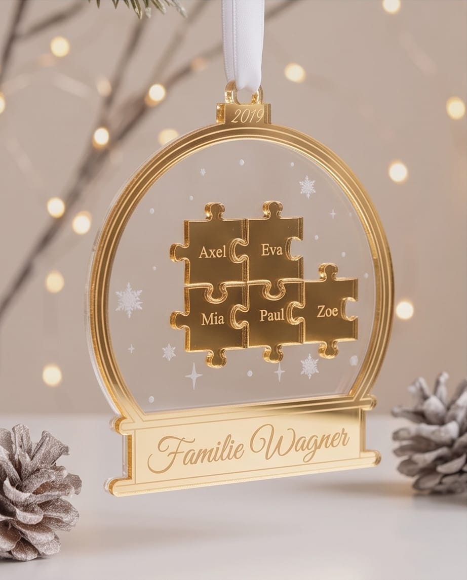 3D-Familien-Schneekugel "Puzzle" aus Acryl | Personalisiert