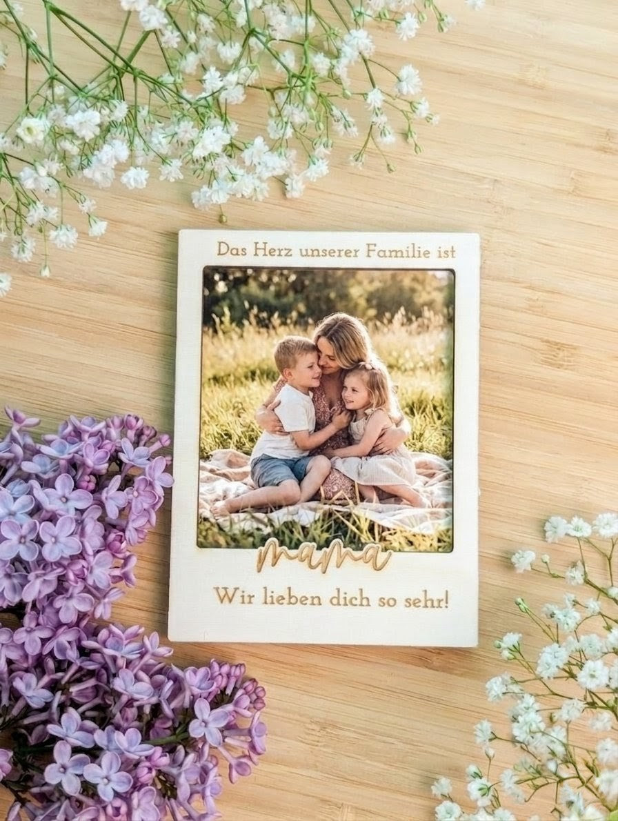 Personalisierter Magnet-Bilderrahmen aus Holz | Geschenk für Mama