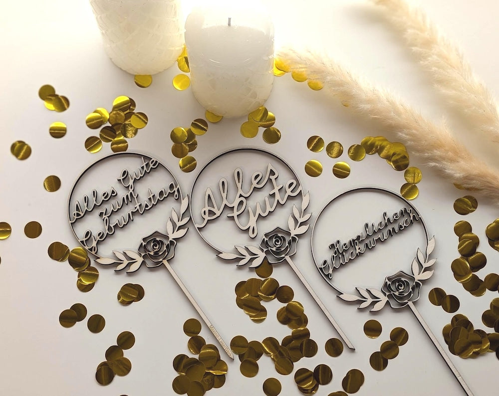 Elegant wooden cake topper, Happy Birthday